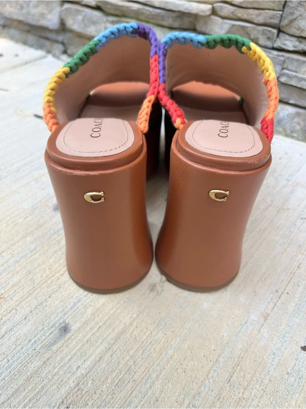 Coach Brown Rainbow Crochet  Leather Platform Mules Shoes sz 9
